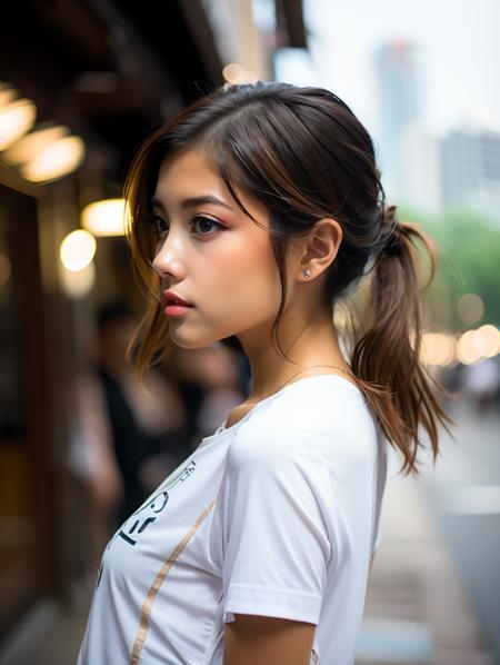 BJ_Street-photo, 1girl, solo, brown_hair, shirt, brown_eyes, white_shirt, upper_body, short_sleeves, outdoors, sky, day, blurry, from_side, lips, profile, depth_of_field, blurry_background, realistic, nose,
cinematic lighting,strong contrast,high level of detail,Best quality,masterpiece,White background,