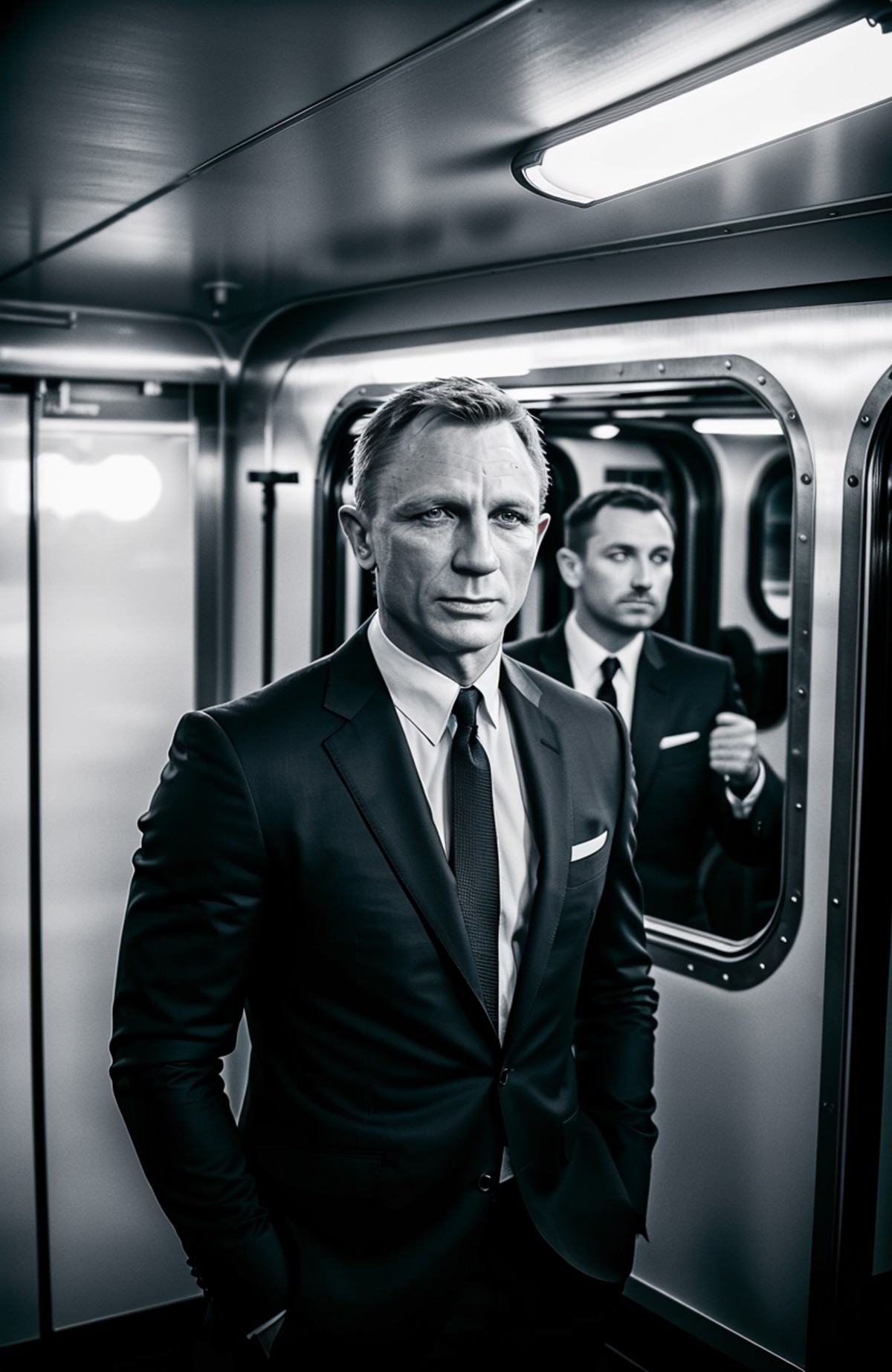 award winning (portrait photo:1.4) of a handsome man, 007danielcraig with in a train restaurant car, dining room, swiss al...