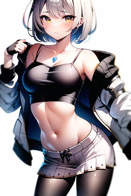 mio \(xenoblade\),

1girl, animal ears, bare shoulders, black pantyhose, black shirt, breasts, camisole, clothes pull, contrapposto, crop top, expressionless, jacket, long sleeves, looking at viewer, medium breasts, midriff, miniskirt, navel, off shoulder, pantyhose, pleated skirt, pulled by self, shirt, shirt pull, short hair, simple background, skirt, sleeveless, sleeveless shirt, solo, spaghetti strap, standing, stomach, strap slip, undershirt, white background, white hair, white jacket, white shirt, white skirt, yellow eyes,

<lora:mio:0.6>