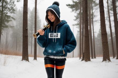 IMG_1025.heic, "Create a detailed, dynamic scene of a short, cute girl from egirl launching a massive snowball from a bazooka amidst a snowy forest. She has a stylish, modern appearance, dramatic eyeliner, and a playful, mischievous expression. Her outfit combines tight shorts with traditional elements: an oversized hoodie with vibrant graphic prints, paired with warm, colorful leggings, and furry boots.