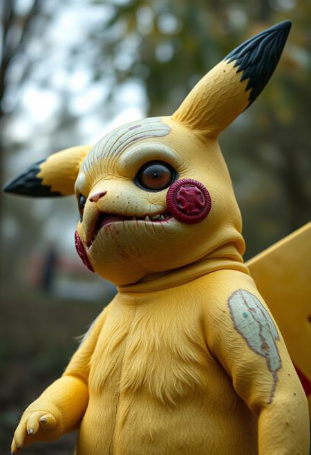 Pikachu as a real life Matt Goening charater, he is a zombie, hyper realistic, ultra detailed skin surface, ultra detailed hair
