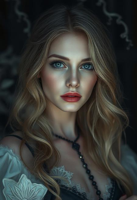 woman, charged atmosphere where something feels about to happen. The air feels thick with suspense, and everything seems focused, waiting for a sudden change, A cool, mysterious art style with soft silver tones and smooth transitions, creating an alluring and mystical atmosphere, with hints of sensuality, Gothic art style, gothic details, dramatic compositions, rich symbolism, blond hair, detailed background