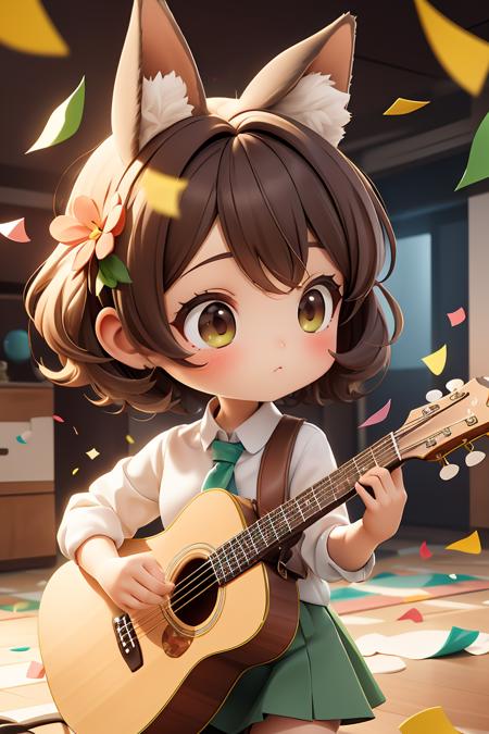 chibi,masterpiece, best quality, original, official art,1girl, solo, short hair, skirt, brown hair, animal ears, flower, necktie, indoors, green skirt, instrument, guitar,  confetti background,<lora:GoodHands-beta2:1>, cartoon rendering,