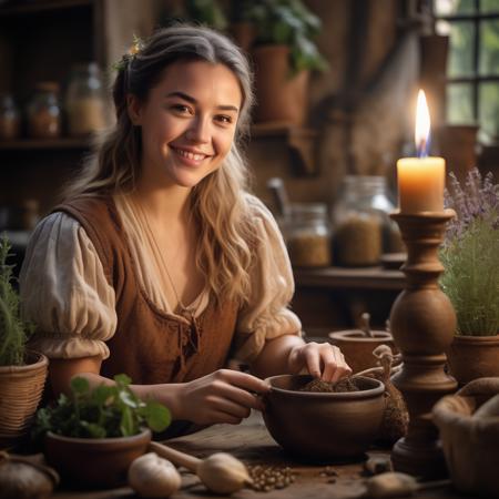 highly detailed documentary photo of herbalist,

long hair, looking at viewer, cooking, cup, flower, flower pot, food, grin, hat, bottle, bowl, mug, ponytail, puffy sleeves,  ring, solo, table, teeth, bracelet, breasts, jewelry, indoors, necklace, lips, depth of field, realistic, working at her desk, jar, potted plant, shot with Nikon D850 SLRQ with 85mm lens and aperture F 8 framing her but with shallow depth of field, intricate detail, dark environment, candlelight

masterpiece, best quality:1.1, 

ultra photoreal, 
photorealistic:1.0, 
(edge lighting:1.1),
depth of field:1.1, 
god rays:1.4,

50mm, style of Nathan Wirth, Hasselblad X1D II, Porta 160,
