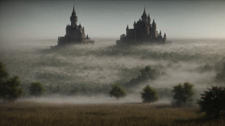 panoramic view of anor londo castle from dark souls series, anor londo castle standing among the dense forest, uninhabited, massive and cyclopean structures, accurately drawn tree crowns, lush greenery, dark fantasy, beautiful but frightening at the same time, loomy and creepy, depth of field, thick mist, extremely detailed, warm yellowish colors, 8k