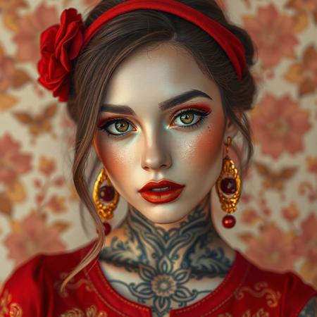 A beautiful woman in red and gold, in the style of tattoo — inspired, kawaii aesthetic, kelly sue deconnick, light pink and dark amber, distinctive noses, tanya shatseva, uhd image