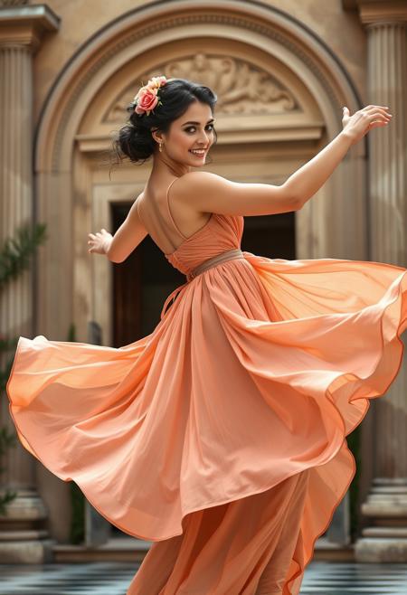 In the heart of a grand Roman villa, an elegant young woman is captured in the midst of a lively Bacchanal dance. She wears a delicate peach-colored stola that flows around her with each movement. Her dark hair is styled in an intricate updo, adorned with a wreath of fresh flowers.
In this moment, she is mid-twirl, her right arm is outstretched to the side, balancing her poised movement. Her left leg is slightly bent, foot pointed delicately, while her right leg supports her, providing a strong yet elegant stance. The stola fabric swirls around her, accentuating her fluid motion and adding a sense of ethereal beauty to her form.
Her expression is one of joyful abandon and pure ecstasy, making eye contact with the viewer as she loses herself in the rhythm of the dance. A soft smile graces her lips, reflecting the exhilaration of the moment. The subtle makeup, with strong eyeliner and mascara, enhances her expressive features, highlighting her natural beauty and the intensity of her dance. She has ribbon and twine tied around her upper arms and upper legs, enhancing her outfit and allure.
The room around her is softly illuminated by the warm glow of candlelight and sconces, casting gentle shadows that dance along with her. Polished marble pillars and intricate frescoes provide a majestic backdrop, adding depth and richness to the scene without distracting from the captivating dancer at its center. luc14nn4