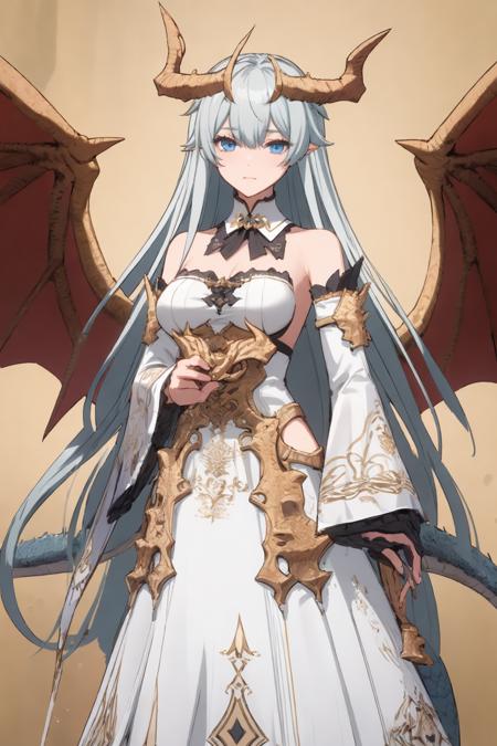 1gril, blue eyes, white dress, detached sleeves, dragon girl, white long hair, bare shoulders, dragon horns, dragon wings, bangs, detached collar