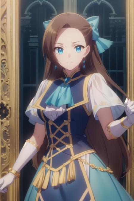 catarinaclaes, <lora:catarina claes s2-lora-nochekaiser:1>,
catarina claes, long hair, bangs, brown hair, blue eyes, asymmetrical bangs, smile,
BREAK hair ornament, gloves, dress, bow, jewelry, jacket, short sleeves, hair bow, earrings, white gloves, bracelet, ascot, blue dress, blue bow, brooch, high collar, long dress, blue ascot,
BREAK indoors,
BREAK looking at viewer, (cowboy shot:1.5),
BREAK <lyco:GoodHands-beta2:1>, (masterpiece:1.2), best quality, high resolution, unity 8k wallpaper, (illustration:0.8), (beautiful detailed eyes:1.6), extremely detailed face, perfect lighting, extremely detailed CG, (perfect hands, perfect anatomy),