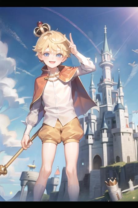 1boy, crkcustard, blue eyes, short hair, blonde hair, earrings, red cape, mini crown, jewelry, white shirt, buttons, puffy shorts, smile, standing, looking at viewer, (castle:1.3), colorful <lora:custard_cookie-000004:0.8>