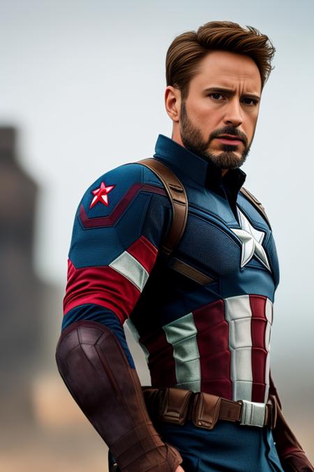 extremely detailed photo a man wearing captain america armor lorarobertdj, stylish short beard, model photoshoot, 8k UHD, ultra detailed, RAW photography