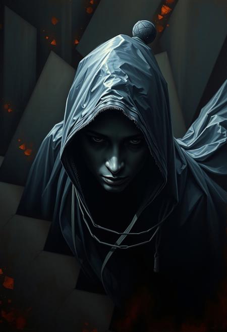 A high-angle perspective painting of an enigmatic figure, intense dramatic lighting, high contrast, looking down from an elevated viewpoint, emphasizing smooth textures and captivating aesthetics.