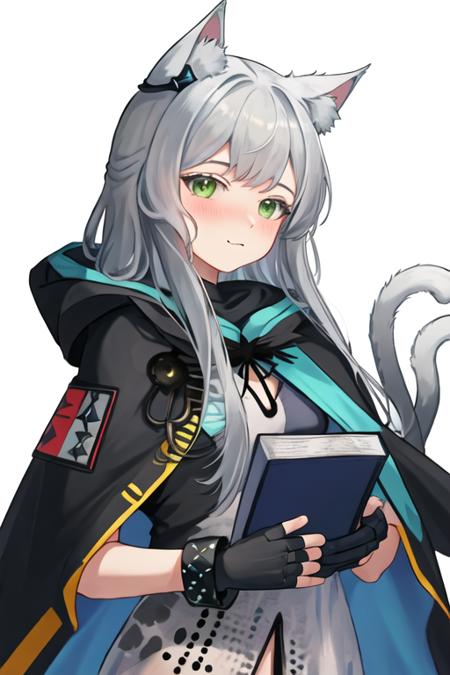 best quality, masterpiece, highres, solo, {rosmontis_arknights:1.15}, animal_ears, cat_ears, long_hair, bangs, green_eyes, animal_ear_fluff, cat_girl, grey_hair, white_hair, closed_mouth, blush, upper_body, 1girl, gloves, hood, looking_at_viewer, black_gloves, book, holding, hood_down, jacket, cloak, fingerless_gloves, simple_background, white_background, white_dress, dress, hooded_cloak