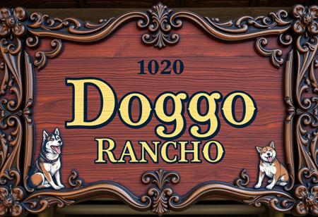 "Generate a high-resolution, full-frame image of an ornate wooden sign. The sign, styled like one from an upscale tavern or refined homestead, is entirely adorned with intricate carvings and delicate engravings. Prominently painted in the center are the words 'Doggo Rancho,' and along the edges, include small, detailed engraved images of Huskies and Shiba Inu to evoke the wild canine history of the area."