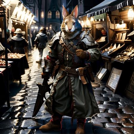 highly detailed document photo of a (harengon:1.1) walking in outdoors on a ((medieval market)),

rabbit ears, white fur, solo, looking at viewer, standing, weapon, armor, blurry, polearm, shoulder armor, gauntlets, whiskers,

facing viewer, looking at viewer,

realistic:1.3, depth of field, blurry, blurry background,



photorealistic,
ultra photoreal,
32k, fantasy, 
natural light,






