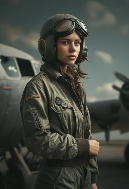 Girl in flight suit standing against the background of a WWII aircraft, flight jacket, flight helmet, flight goggles, WWII pilot, Cinematic Shot,