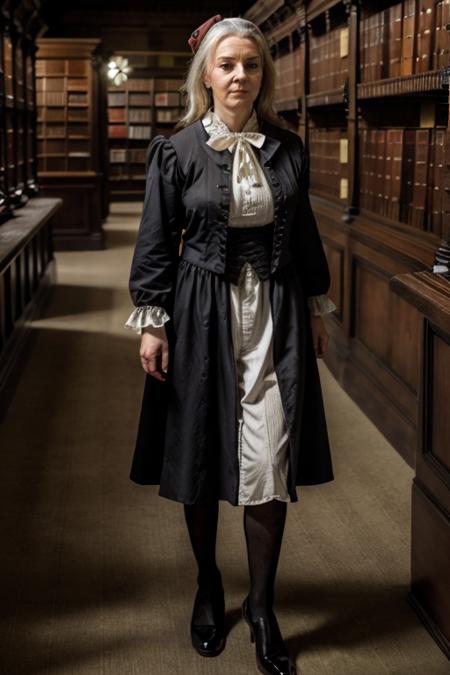 a mature L1873T convict costume ,  haunted library , day <lora:Liz_Truss:1> masterpiece, best quality, detailed face,, 1girl, solo, l1873t, realistic,