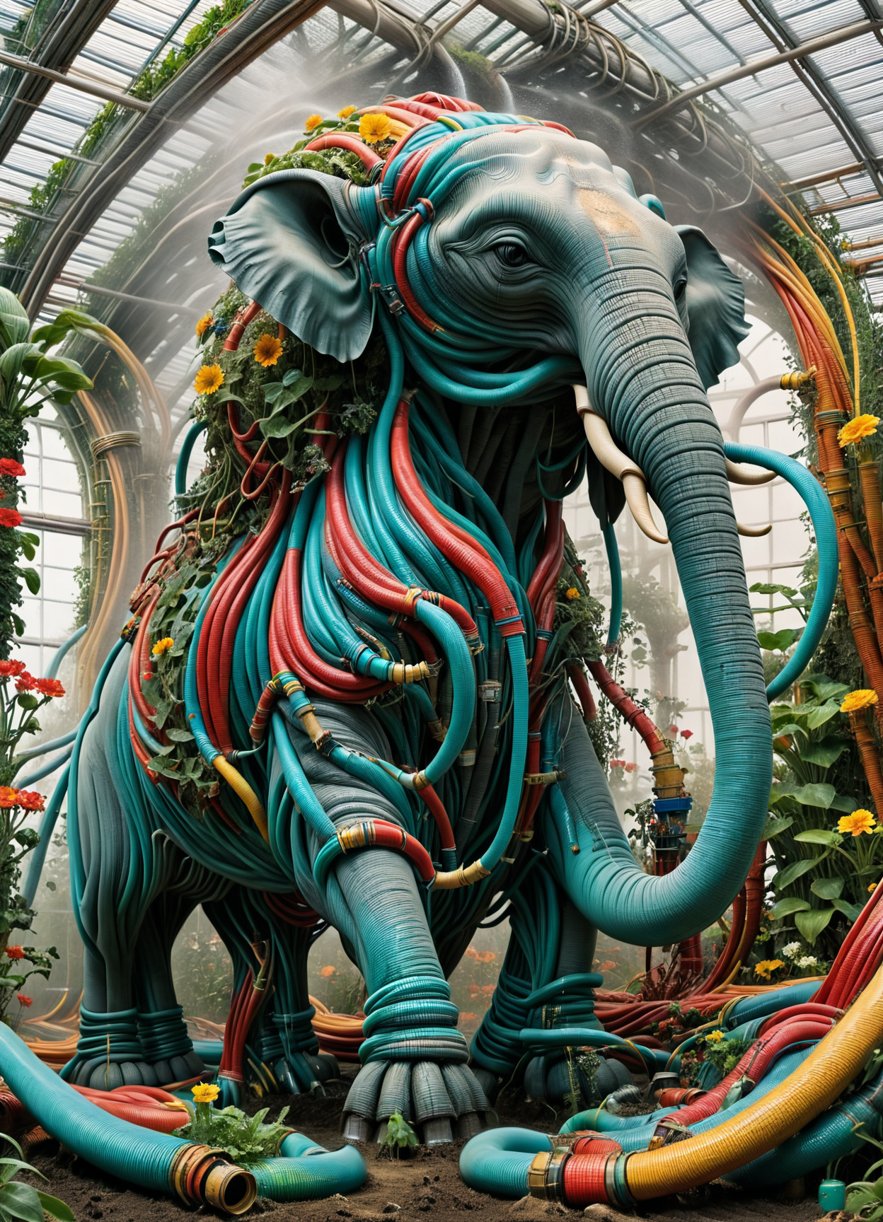 surprised hose elephant watering plants, in the greenhouse, colorful trunks hoses, water sprayers, flowers, ral-watrho, 8k, F2.8, RAW Photo, ultra detailed  <lora:ral-watrho:1.2>  <lora:YoshitakaSevesoXL:0.8>
