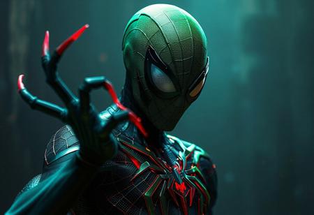 "Create a hyper-realistic, detailed spider-man-inspired character with a zero dark neon color scheme and dragon nails, set in a dark neon-colored universe. The character has green skin and a slender, symmetrical body like a saint or 'x-man.' Utilize the golden ratio, intricate textures, and soft lighting reminiscent of Greg Rutkowski's style. The character's costume is a unique, stylized take on classic superhero suits. Incorporate alien elements, possibly through a symbiotic relationship or unique alien breed. The final artwork should be highly detailed, rendered with Octane or Unreal Engine, and have a cinematic, key art feel. Consider incorporating redshift render, volumetric lighting, and high contrast for added visual impact."