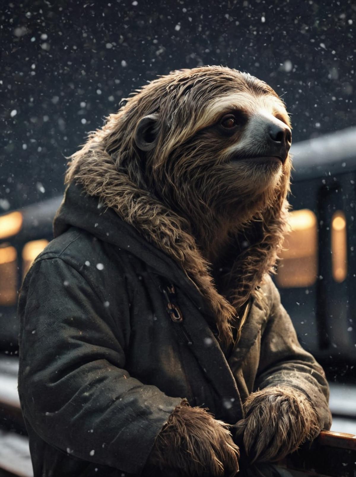 A sloth in a coat stands in the snow with a train in the background.