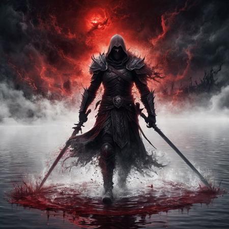 Prophete of Chaos. Walking on a lake of blood. Hellish fantasy background. BadDream. ral-dissolve. Dark Fantasy page