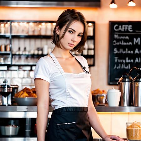 ((SFW)), RAW candid cinema of waitress, blouse, apron, (very short hair), full body shot, in cafe, (ultrarealistic), best quality, extremely detailed, cinematic lighting, conysv2-10000