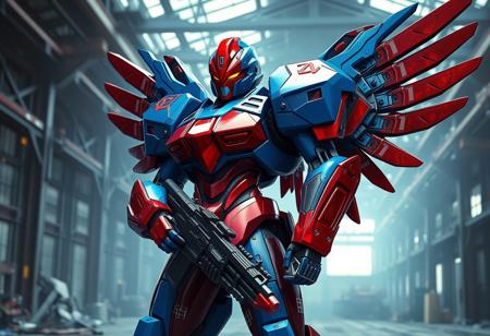 Ultra detailed cinematic 4K Octane render, Unreal Engine 5, trending on Artstation. Vibrant blue Machine Angel robot with striking red metallic armor, red visor, holding a black weapon, confident dynamic pose, standing in a vast stark industrial factory. Captivating dramatic lighting, sharp lines, splash ink illustration elements, matte painting aesthetic, Golden Ratio composition. CGSociety.