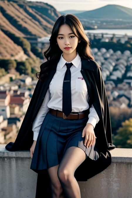 realistic, masterpiece, high detailed skin, looking at viewer, full body shot, scenic view, long hair, black hair
school uniform, long sleeves, black cape, black necktie, wing collar, shirt, belt, skirt, pantyhose, loafers <lora:Black_School_Dress_By_Stable_Yogi:1>