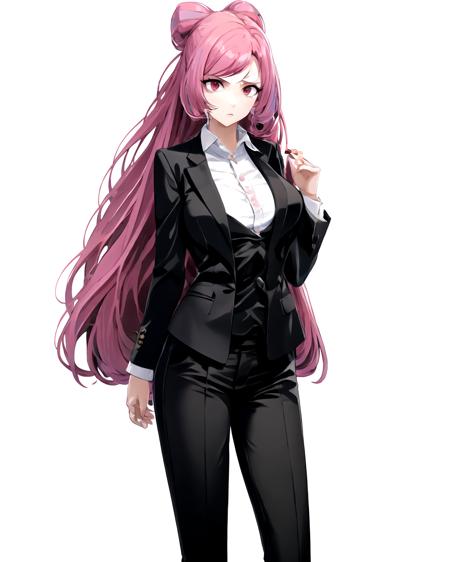 Long hair,  pink hair,  red eyes,  black suit,  black pants,  formal suit,  large breasts,  1girl,  serious,  (white background:1.3),  cowboy shot,  solo, <lora:EMS-43671-EMS:0.700000>