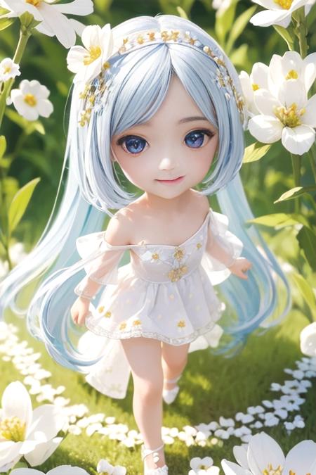 (masterpiece),(best quality),(ultra-detailed), (full body:1.2), (beautiful detailed face), (beautiful detailed eyes), <lora:blindbox_V1Mix:0.8>,(chibi:1), 1girl, white dress, off shoulder, blossom flower field, glowing skin, light smile