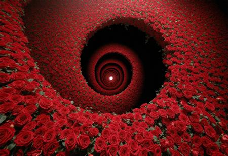 A vortex of life-sized crimson roses spirals infinitely upward from a twilight garden, viewed through a low-angle fisheye lens amplifying their towering scale. Van Gogh’s swirling brushstrokes merge with Klimt’s gilded ornamentation: petals ripple like molten velvet, thorns gleam as fractured obsidian shards. The palette smolders—burnt umber shadows, cadmium red blooms, and cerulean mist bleeding into saffron halos. Luminescent pollen drifts like drowned stars, casting kaleidoscopic shadows on petals that simultaneously wilt and regenerate. A single fractured mirror floats at the vortex’s heart, reflecting fractured glimpses of a winding path swallowed by thorns.
