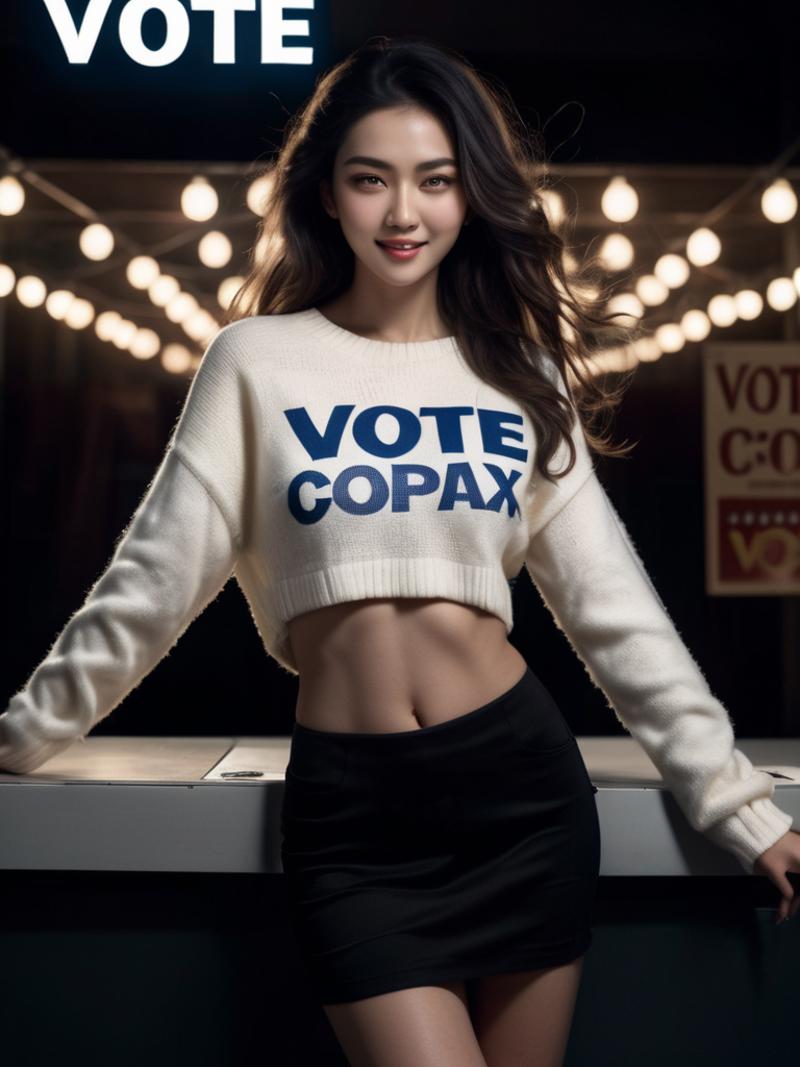 A young woman in a white sweater with the word "vote" on it.