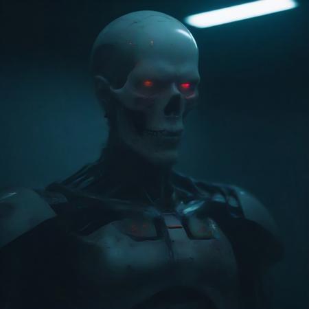 Cyberpunk, sci-fi, dark-fantasy, kodak portrait 400, 8k, soft light, sharp shadows, hyper-detailed, 3/4 portrait of a heavily damaged cyborg warrior in a high-tech laboratory. The face is a metallic skull with exposed wiring and glowing red eyes, surrounded by intricate scars and mechanical implants. The armor is sleek, with dark, angular plating that glows with a faint blue light. Chemical vials and neon holograms illuminate the lab in a cold, sterile light, reflecting off the cyborg's metallic surface. The atmosphere is tense, with a sense of technological decay and silent power. The cosmic light behind him pulses softly, adding depth and mystery. Inspired by concept art styles of Otomo Katsuhiro, Shirō Masamune, and Mamoru Oshii.