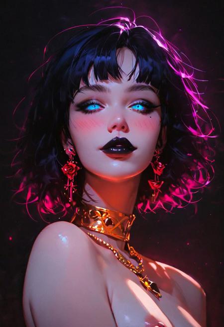 (score_9:1.1), score_8_up, score_7_up, 8k, 1girl, solo, anime, hentai, looking at the viewer, big eyes, blue eyes, pale skin, white skin. naked body, gold necklace, gold choker. short dark hair. black lips, black makeup, massive boobs, nipples, small waist, large hips, curvy body, seductive smile, blushing. dark background, Uhd, 9K, portrait, masterpiece, stunning, zPDXLxxx, Expressiveh, concept art, realistic, g0thicPXL, glowing, neon, full body focus, detailed face, dark roses, goth