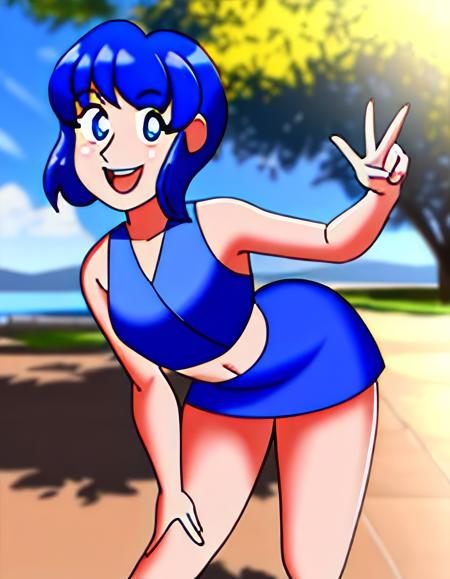 ASCII<lora:lapizlorarmixpro-000002:.8>, 1girl, Lapiz Lazuli (character), idol pose, skindentation, beautiful woman, short skirt, blue hair, pupils, modeling, outdoors, happy, smile, detailed background, superstar