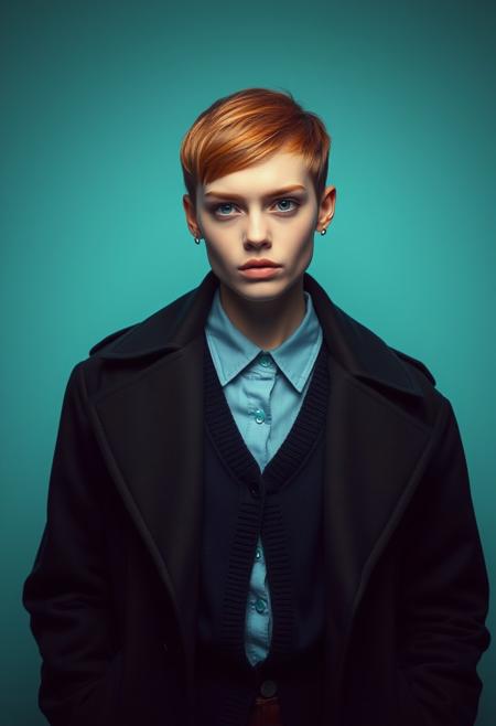 Dark mood masterpiece photography of expressive beautiful sexy cute supermodel, 19yo, (midshot:1.4), french-spanish,  auburn ginger hair styled in a short pixie cut, beautiful bright eyes, standing in front of a pale turquoise background, wearing an open black trench coat with a and navy v-neck jumper and open pale blue collared shirt underneath and a micro skirt,  and is looking directly at the camera with a serious expression. catchlights, realistic skin texture, intense sight, sexy, solo, shy expression, pale skin with blushing cheeks, soft and sensual full lips, seductive and slightly rebellious vibe,  fashion magazine cover style, rim light, professionally color graded, Film Grain style