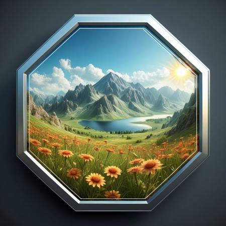 summer hot mounting, realistic, paralax, perspective, wide landscape inside a hexagonal badge