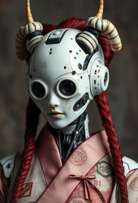 best quality, highly detailed, intricate details, extremely detailed, smooth lines, an android robot designed as a geisha, curvy body, seducive pose. Beautiful face, The android face plate is made of white ceramic material, with many mechanical parts. The android has camera lens eyes, protruding from her face, and clear signs of rusting and wear. She is also wearing traditional intricate Japanese clothes, wide hips and thick thights , two long redhead braids, two long ceramic horns on head, futuristic, technological, alien worlds, space themes, advanced civilizations