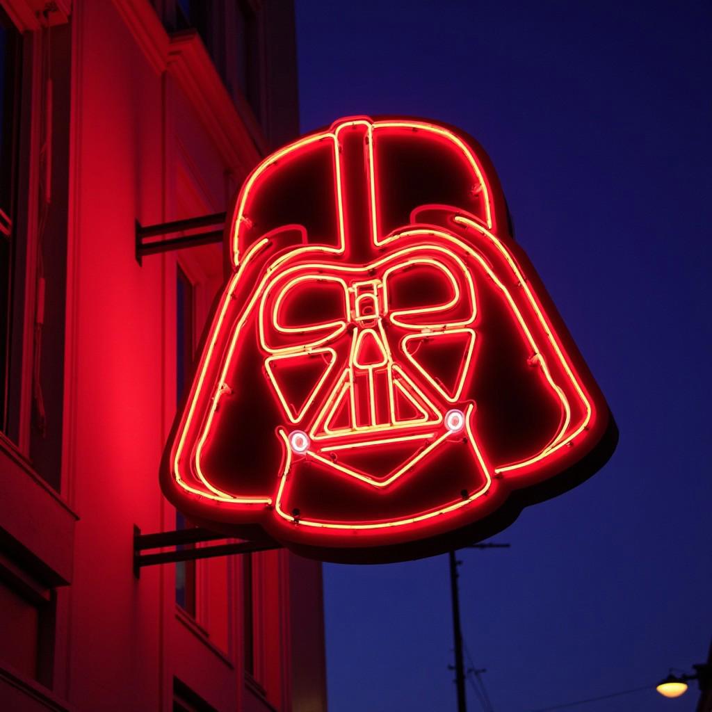 vintage neon sign in the style of darth vader hanging on a hotel