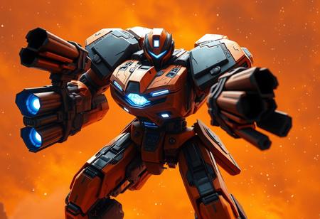 Dynamic action pose of imposing black & orange combat robot wielding dual heavy cannons. Blue chest core casts intense light. Against deep orange nebula with scattered starlight. Ultra-detailed 4K render, Octane, Unreal Engine 5, trending on ArtstationHQ, CGSociety. Exceptional quality, sharp focus, captivating lighting, stunning colors, harmonious. Impeccable cinematic composition, creative angle, Golden Ratio. Contemporary aesthetic, matte painting, Splash Ink style. Isometric perspective. Handcrafted precision, detailed optics.