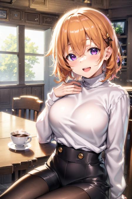 {{Masterpiece}},{{best quality}},{{illustration}},{beautiful detailed eyes},ultra detailed,realistic,1girl,cocoa,hoto cocoa,short hair,gochiusa,small breasts,orange hair,purple eyes,hairpin,looking at viewer,happy,open mouth,standing,white turtleneck sweater,sitting on chair,hands on table,cafe  <lora:hoto cocoa:0.4>