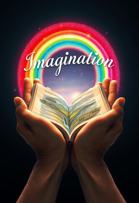 "Hyper-realistic depiction of a pair of hands, held out with palms face up, as if offering a gift to the universe. A vibrant, shimmering rainbow arcs from one palm to the other, its colors gradating from deep red to bright violet. An open book lies in the hands, its pages bursting forth with a fantastical landscape of rolling hills, towering trees, and sparkling waterfalls. The book's pages are torn and rumpled, as if the very words themselves have come to life and are spilling out into the world. The hands themselves are rendered in exquisite detail, with every wrinkle, crease, and vein visible. Above the rainbow, the word "Imagination" is emblazoned in bold, cursive script, with each letter shimmering and glowing as if infused with an inner light. Style: extremely detailed, hyper-realistic, and dreamily fantastical, with a focus on capturing the intricate textures and patterns of the human form, the book's pages, and the symbolic power of the rainbow and the word "Imagination"."