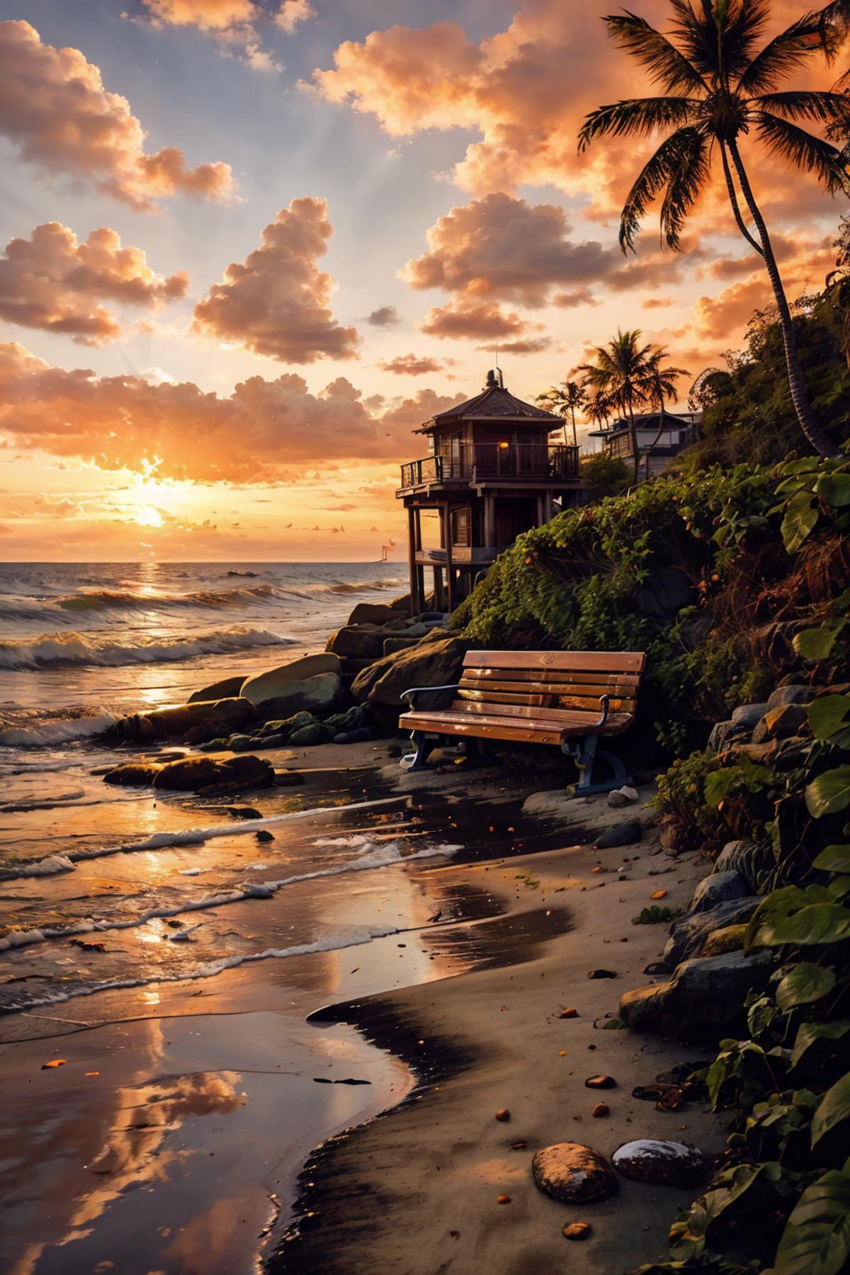 A peaceful beach scene with a bench and a house in the background.