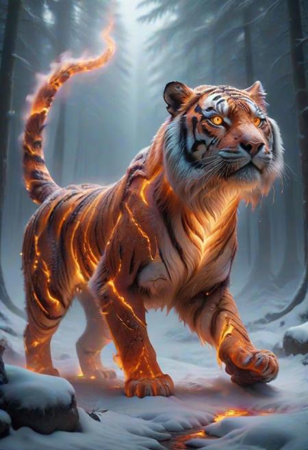depiction of a tiger made out of glowing hot iron inside cold nitrogen, intricate, detailed,  <lora:- SDXL - frzrenit_red_hot_nitro_V2.0:.8>