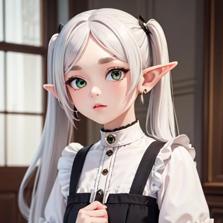 elf,green eyes,jewelry earrings,parted bangs,white hair, short_thick_eyebrows,