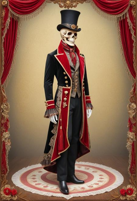 Valentine,
Steampunk character in a floor-length velvet coat, gold tassels, embroidered snowflakes, leather top hat with skull emblem, red-and-white striped details, ruffled scarf, and feathered accents.  Cast bronze surface, vibrant complimentary colors, antique patina finish, contrasting colors, balanced tones.