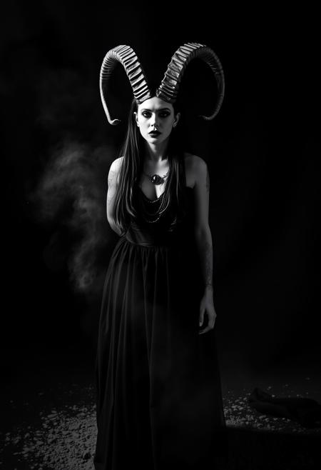 Anna Varney Cantodea with goat horns, Sopor Aeternus and the Ensemble of Shadows, studio photography style, top hard light, black and white vintage photography, gothic, doom, mysterious, dark environment, dust, ashes