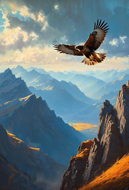 (A hawk soaring in the mountains) (ingenious opus magnum by Michael Vincent Manalo and Elvira Vigna:1.2), (saturated colors oil painting:0.1), high key with glistening light, cosmic anddireful and dramatic atmosphere, (zestful quinacridone nickel azo gold and electricblue color swatch:0.1), raw details, crisp details, bokeh lights, <lora:xl_more_art-full_v1:0.6> ,analog photo, full body,, tall height, against the rise in the background, , , epic clouds, (oil on canvas:0.2), , art by Jeremy Mann, god rays, dramatic light,    ,  (art by Eduard Wilhelm Pose and Master of the Holy Blood and Ivan Bilibin:1.1), (oxygen-rich air and sheltered atmosphere,, aesthetic of hard - edge painting:0.1), symmetry and balance, pioneering unparalleled masterwork with superior details, <lora:MJ52:0.90> <lora:xl_more_art-full_v1:0.4> <lora:RMSDXL_Creative:1>,(skin texture),masterpiece, top quality, best quality, official art,highest detailed,,atmospheric lighting, cinematic composition,complex multiple subjects, 4k HDRvaporwave style , , cyberpunk, vibrant, neon colors, , highly detailed,,,Leica Q2 with Summilux 35mm f/1.2 ASPH, ,clear face, Ultra High Resolution, wallpaper, 8K,Rich texture details, hyper detailed, detailed eyes, detailed background, dramatic angle,