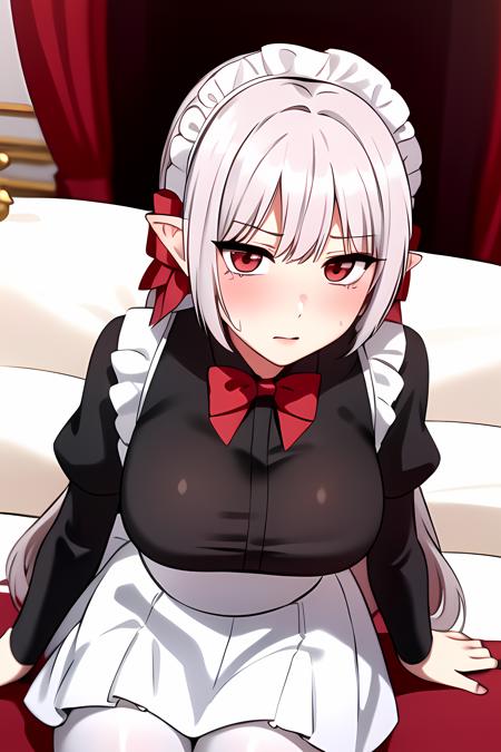 ((masterpiece, best quality)),1girl,sitting,serious,close mouth,solo,indoors,blush,elf, blush,(large breasts),bow breasts, long_hair, dress,maid, maid_apron, maid_headdress, pointy_ears, red_bow, red_bowtie, puffy_sleeves,long_sleeves,red_eyes,(white_pantyhose),shiny_skin,,,,,, ,extremely detailed CG unity 8k wallpaper, perfect lighting,Colorful, Bright_Front_face_Lighting,White skin, (masterpiece:1.0),(best_quality:1.0), ultra high res,4K,ultra-detailed, photography, 8K, HDR, highres, absurdres:1.2, Kodak portra 400, film grain, blurry background, bokeh:1.2, lens flare, vibrant_color,professional photograph,bow breasts,(Beautiful large_Breasts), (beautiful_face:1),(narrow_waist),Beautiful Finger,Beautiful long legs,Beautiful body,Beautiful Nose,Beautiful character design, perfect face,perfect balance,(2d)