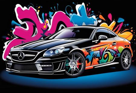 fcNeg, A dynamic and vibrant vector illustration of a Mercedes SLK car adorned with colorful graffiti on a black background. This captivating image captures the energy and creativity of graffiti art, with a bold and intricate design that transforms the car into a rolling canvas for urban expression.
The illustration features a mix of abstract shapes and lettering, as well as various elements commonly found in graffiti art, such as drips, arrows, and wildstyle lettering. The use of bright and contrasting colors against the black background creates a sense of depth and dimensionality, while the attention to detail and intricate linework adds to the overall visual impact of the design.
This captivating artwork invites viewers to explore the dynamic and expressive world of graffiti art, while also appreciating the sleek and modern design of the Mercedes SLK. The combination of urban creativity and automotive innovation creates a unique and compelling image that celebrates the intersection of art and technology.